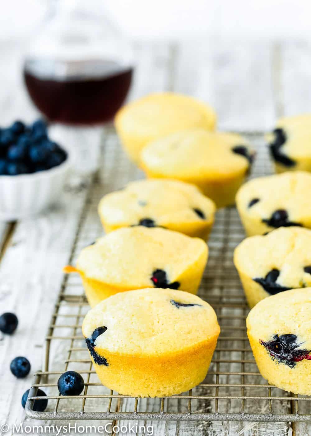 Eggless Blueberry Pancake Muffins in a cooling rack