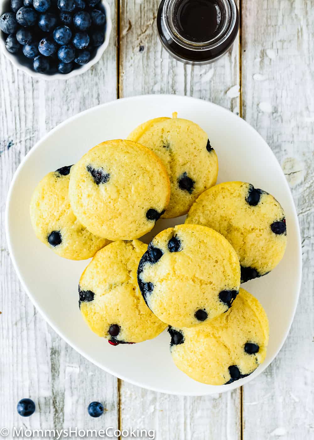 Eggless Blueberry Pancake Muffins in a white plate