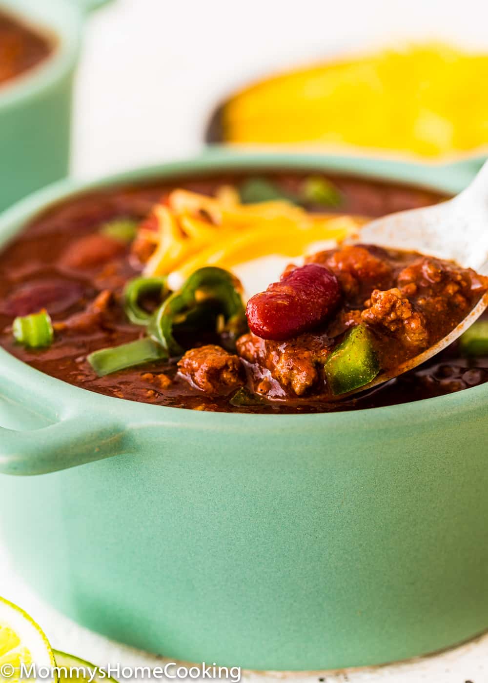 bowl of instant pot chili  with a spoon 