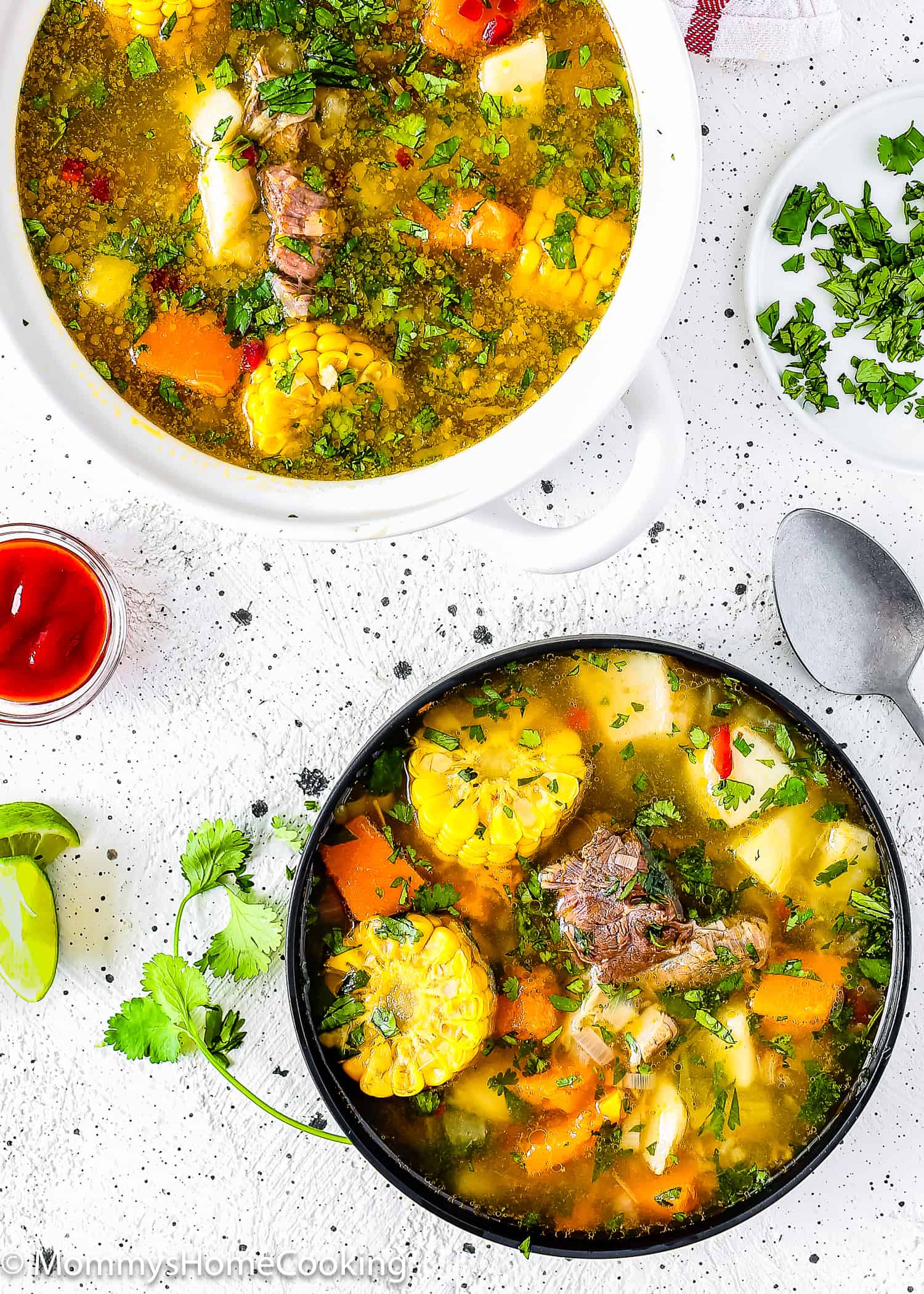 a bowl of Venezuelan Sancocho and a small serving pot on the side.