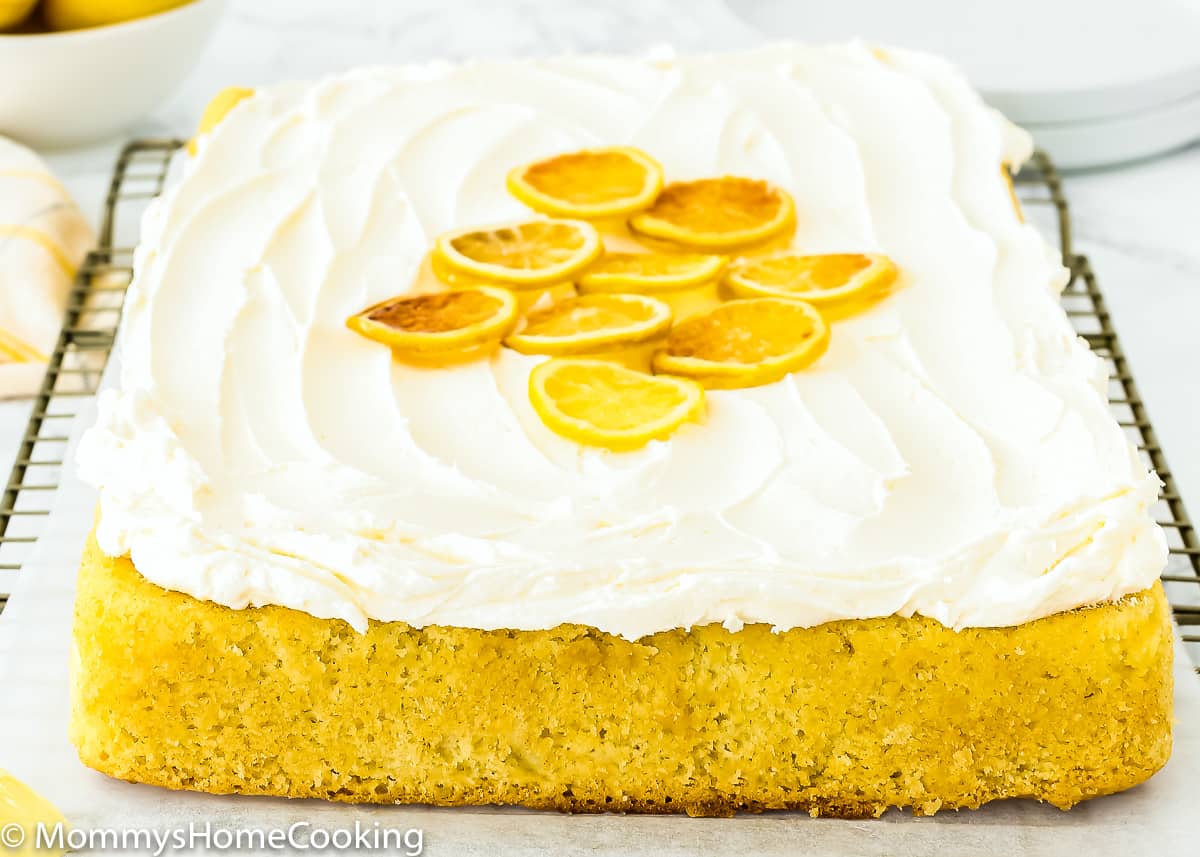 Sheet pan Eggless Lemon Cake with frosting