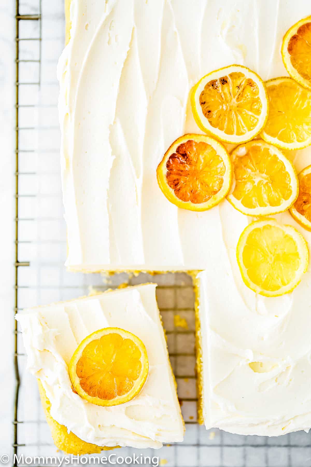 overhead view of an Eggless Lemon Cake sliced.