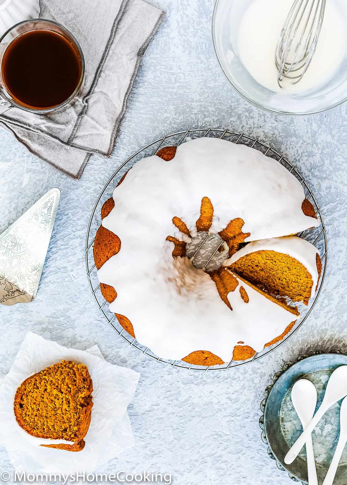 overhead view of a sliced Eggless Pumpkin Cake.