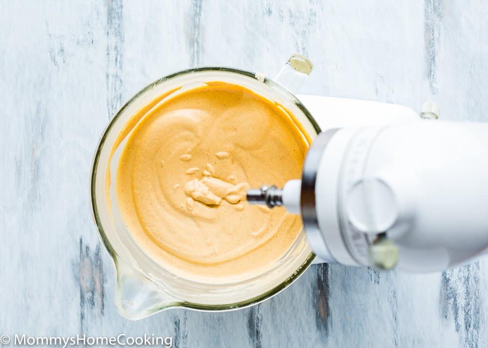 egg-free pumpkin Cheesecake filling in a stand mixer bowl. 