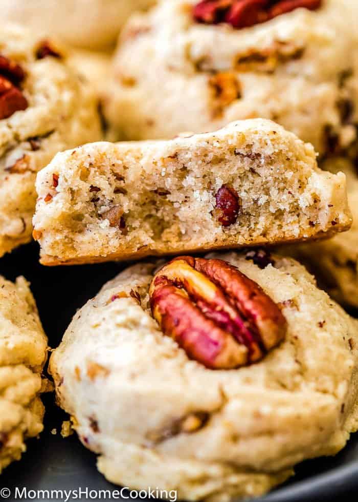 closeup of a Eggless Butter Pecan Cookie showing the inside texture