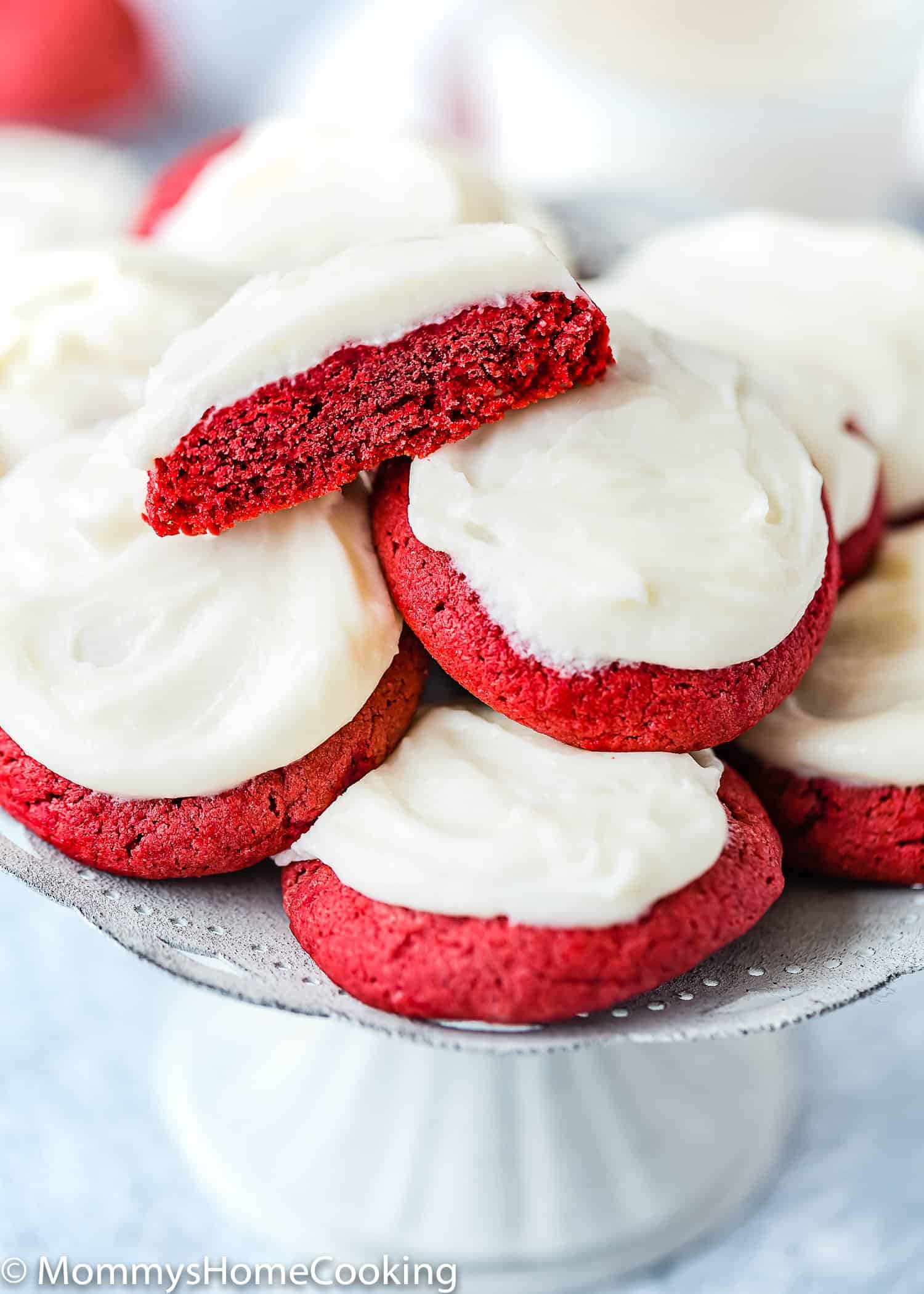 eggless red velvet cookies with cream cheese frosting showing inside texture