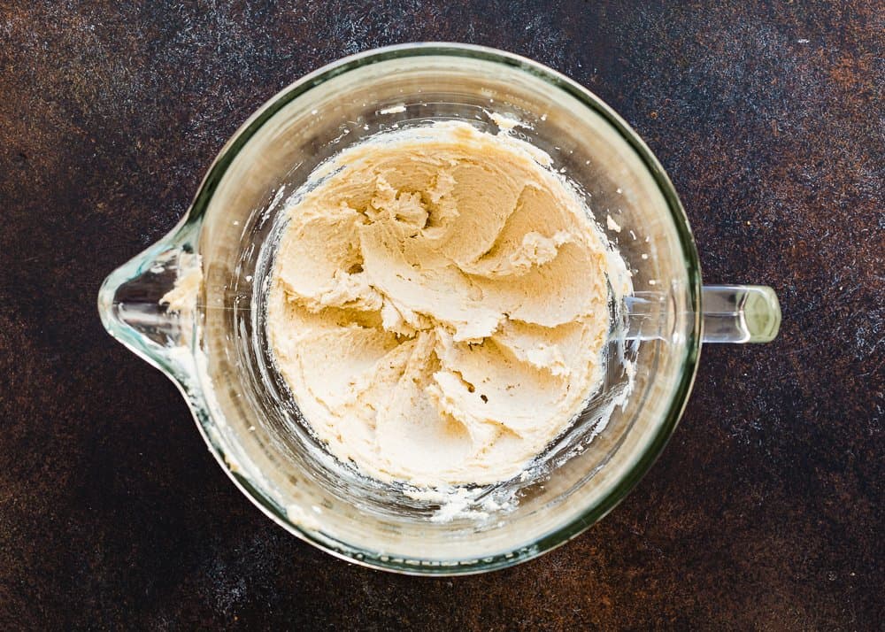 butter, brown sugar and granulated sugar creamed together in a stand mixer bowl.