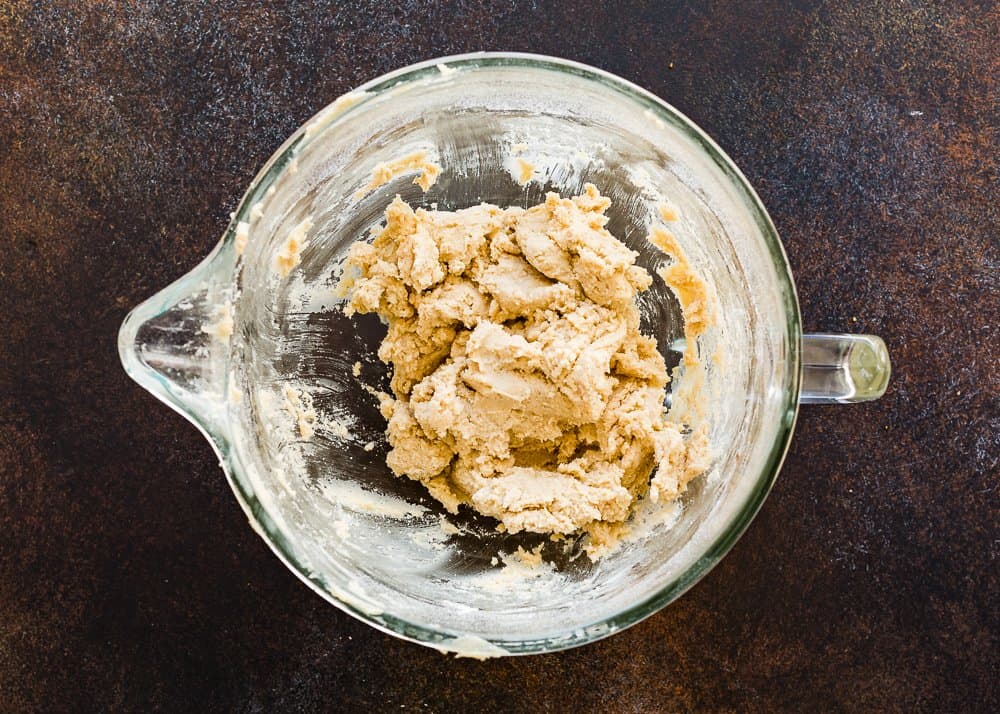 eggless cookie dough in a stand mixer bowl.