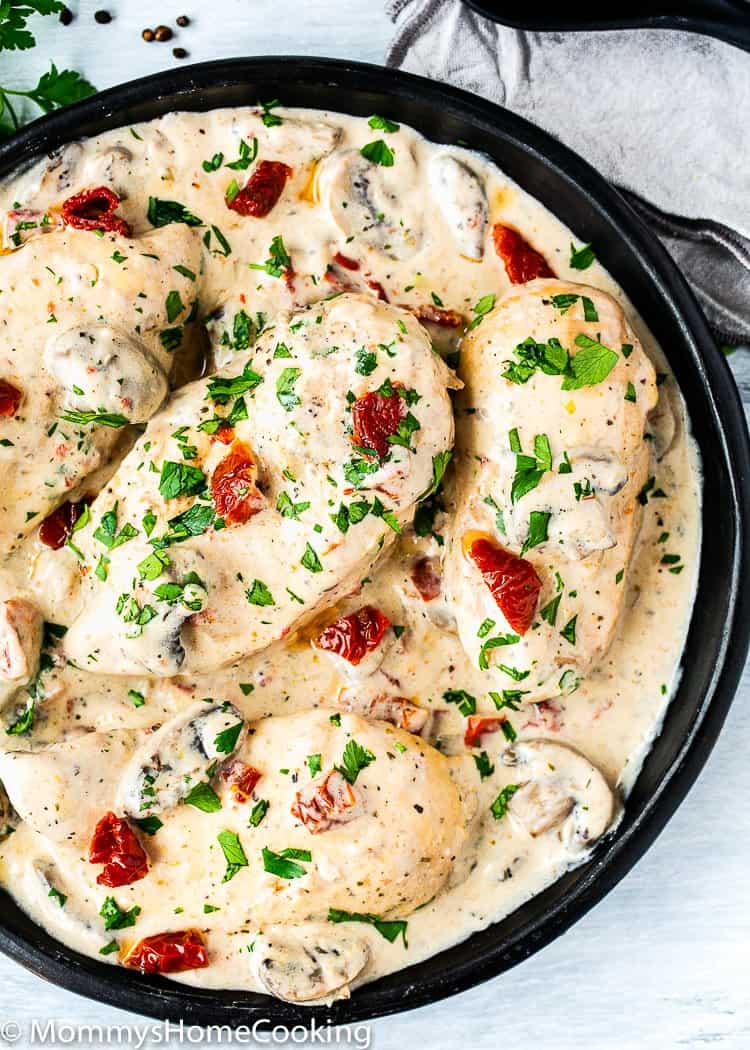 Instant Por Creamy Chicken and Mushrooms garnished with chopped parsley