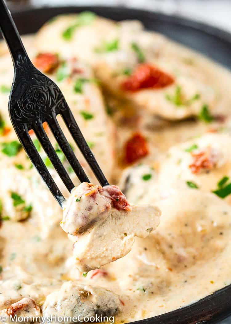 Instant Por Creamy Chicken and Mushrooms in a fork