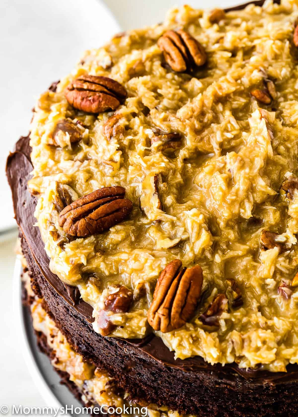 overhead view of a two layer Eggless German Chocolate Cake
