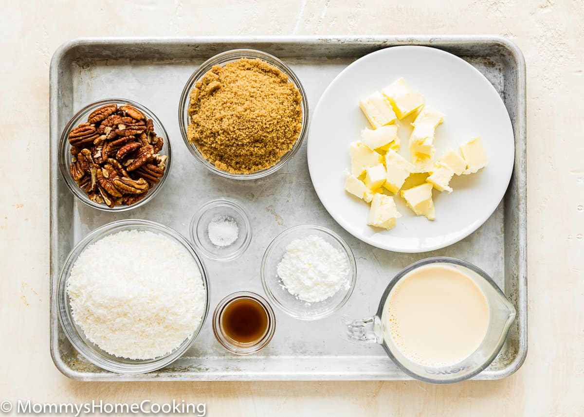 Eggless German Chocolate Cake filling ingredients in a baking tray
