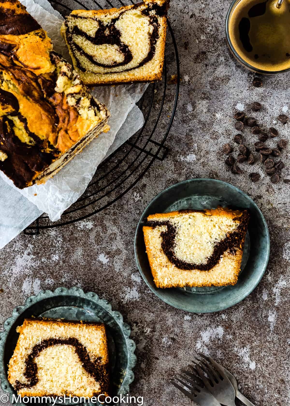 overhead view of a Eggless Marble Cake loaf.