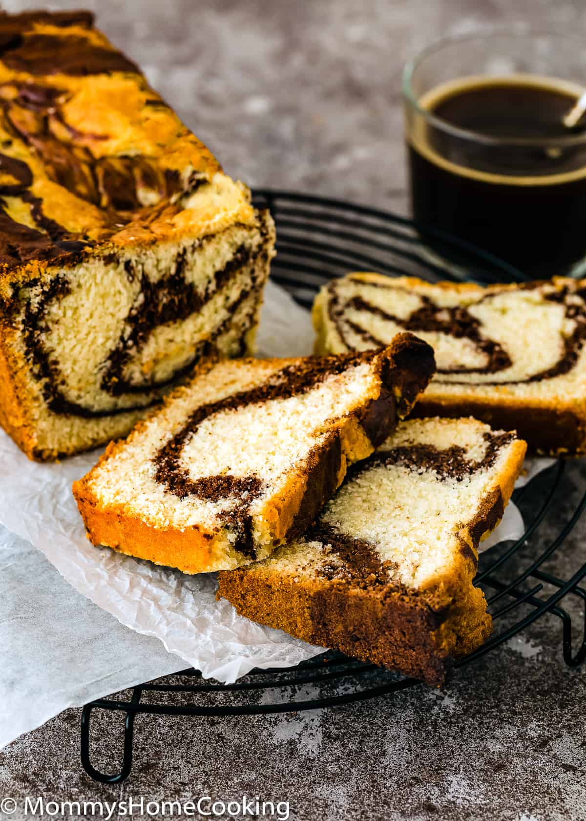 Eggless Marble Cake loaf over a cooling rack.