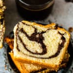 closeup view of Eggless Marble Cake loaf slices