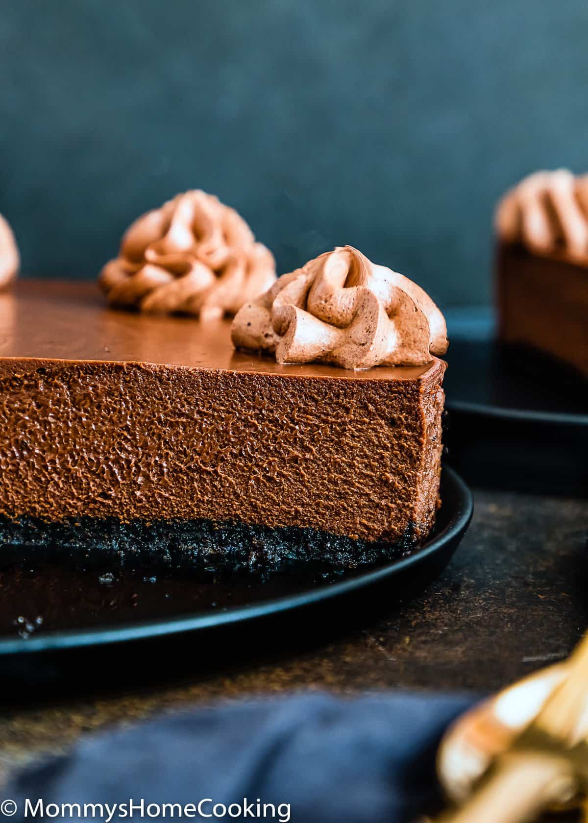 Eggless Chocolate cheesecake sliced showing creamy texture.