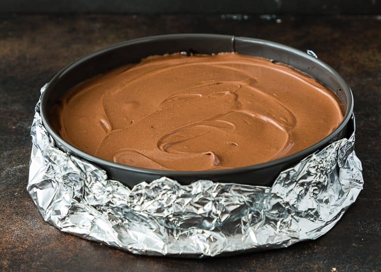 unbaked Eggless Chocolate Cheesecake in a springform pan.