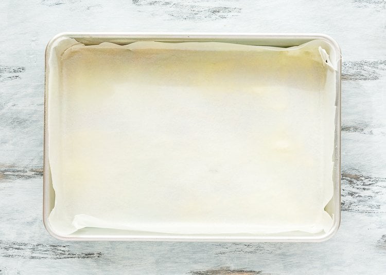 rectangular cake pan lined with parchment paper.