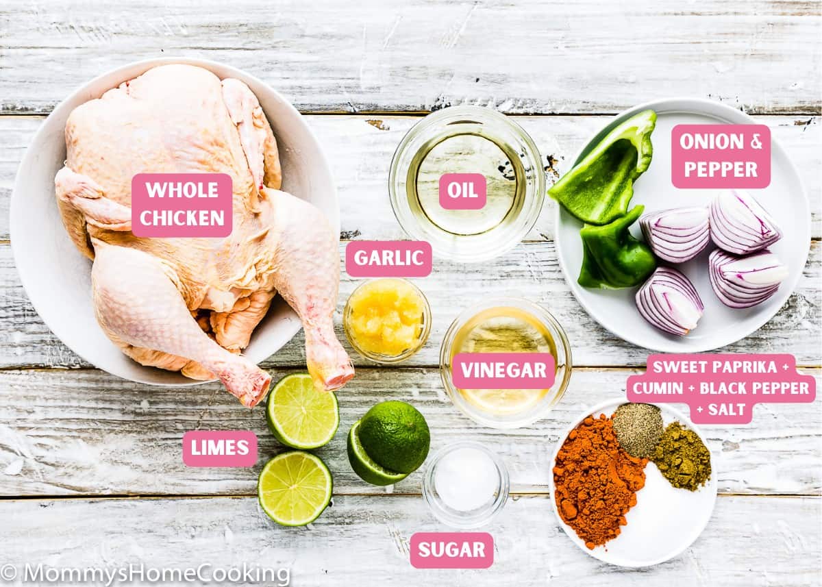 ingredients needed to make Venezuelan style roasted chicken with name tags.