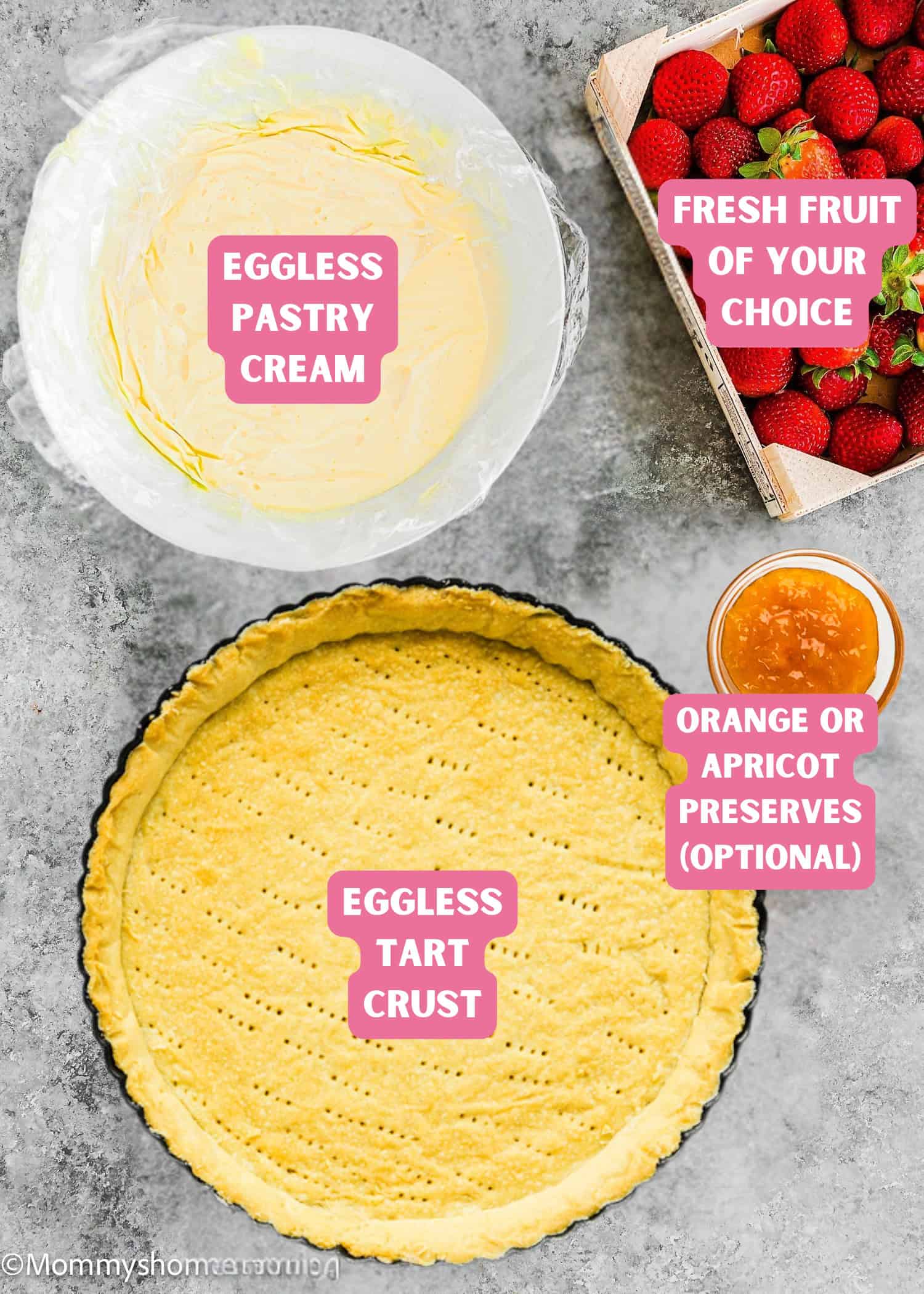 Top view of Easy Eggless Fruit Tart with Vanilla Pastry Cream ingredients: eggless pastry cream, a baked tart crust, orange preserves, and fresh strawberries arranged on a grey surface, each labeled with pink text describing the ingredient.