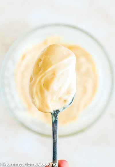 a spoon with Eggless Pastry Cream.
