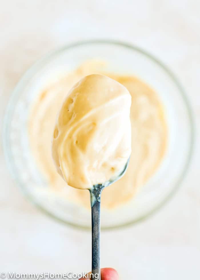 a spoon with Eggless Pastry Cream.