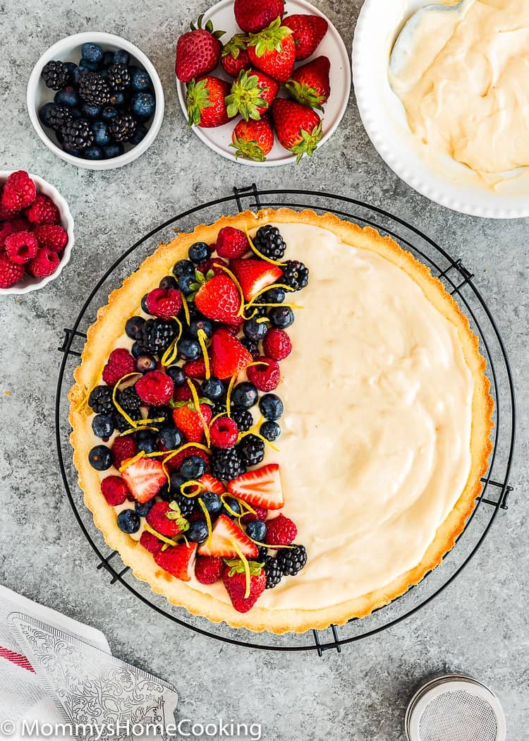 whole Eggless Fruit Tart  filled with eggless pastry cream and fresh berries