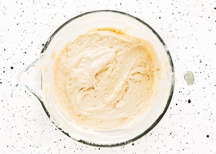egg-free cake batter in a mixing bowl. 