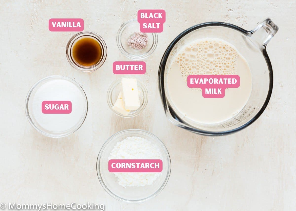 ingredients needed to make egg-free pastry cream with name tags.