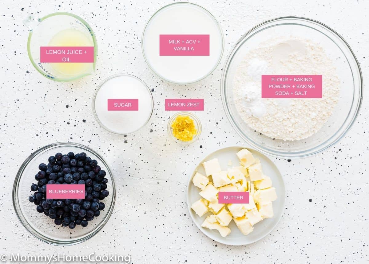 Eggless Lemon Blueberry Cake ingredients with tags.