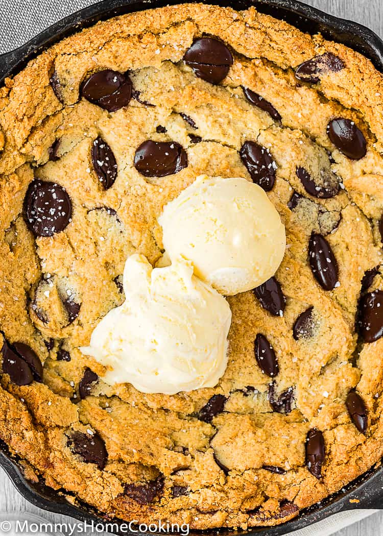 Eggless Chocolate Chip Skillet Cookie with sea salt and ice cream