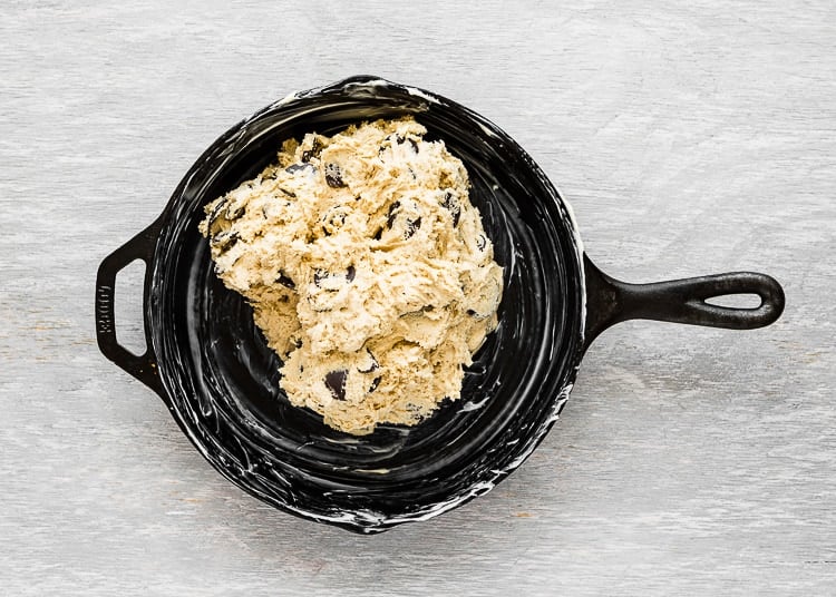 egg-free chocolate chip cookie dough in skillet. 