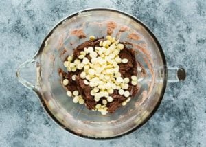 egg-free chocolate cookie dough and white chips in a bowl