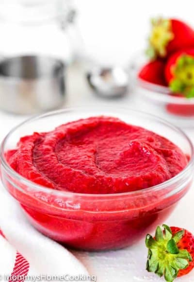 Easy homemade strawberry puree in a glass bowl