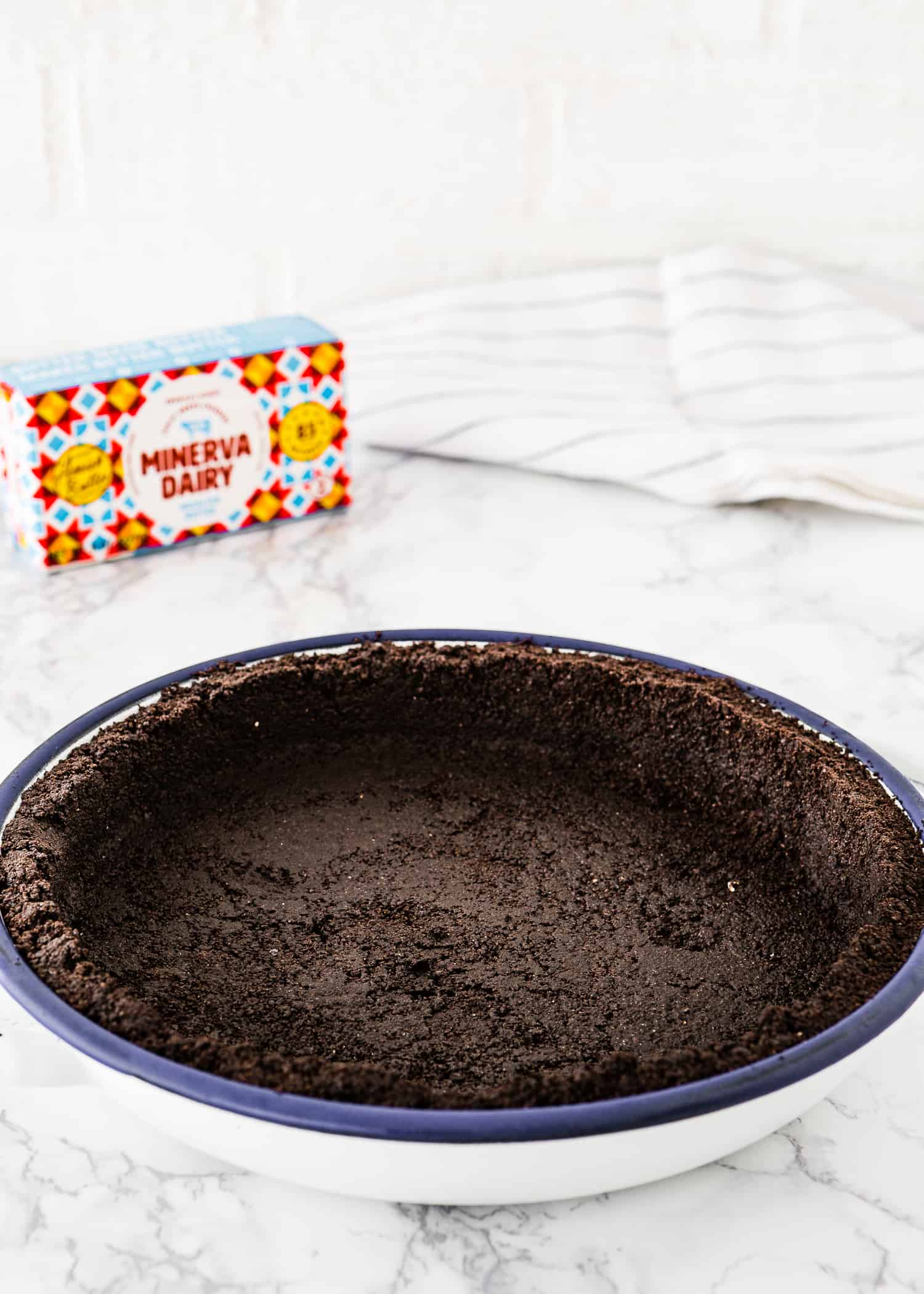 oreo pie crust in a pie dish. 