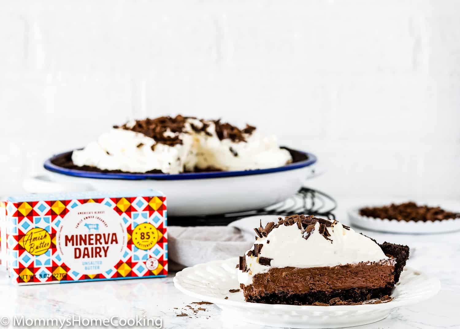 No-Bake Eggless Chocolate Cream Pie slice with amish butter on the side