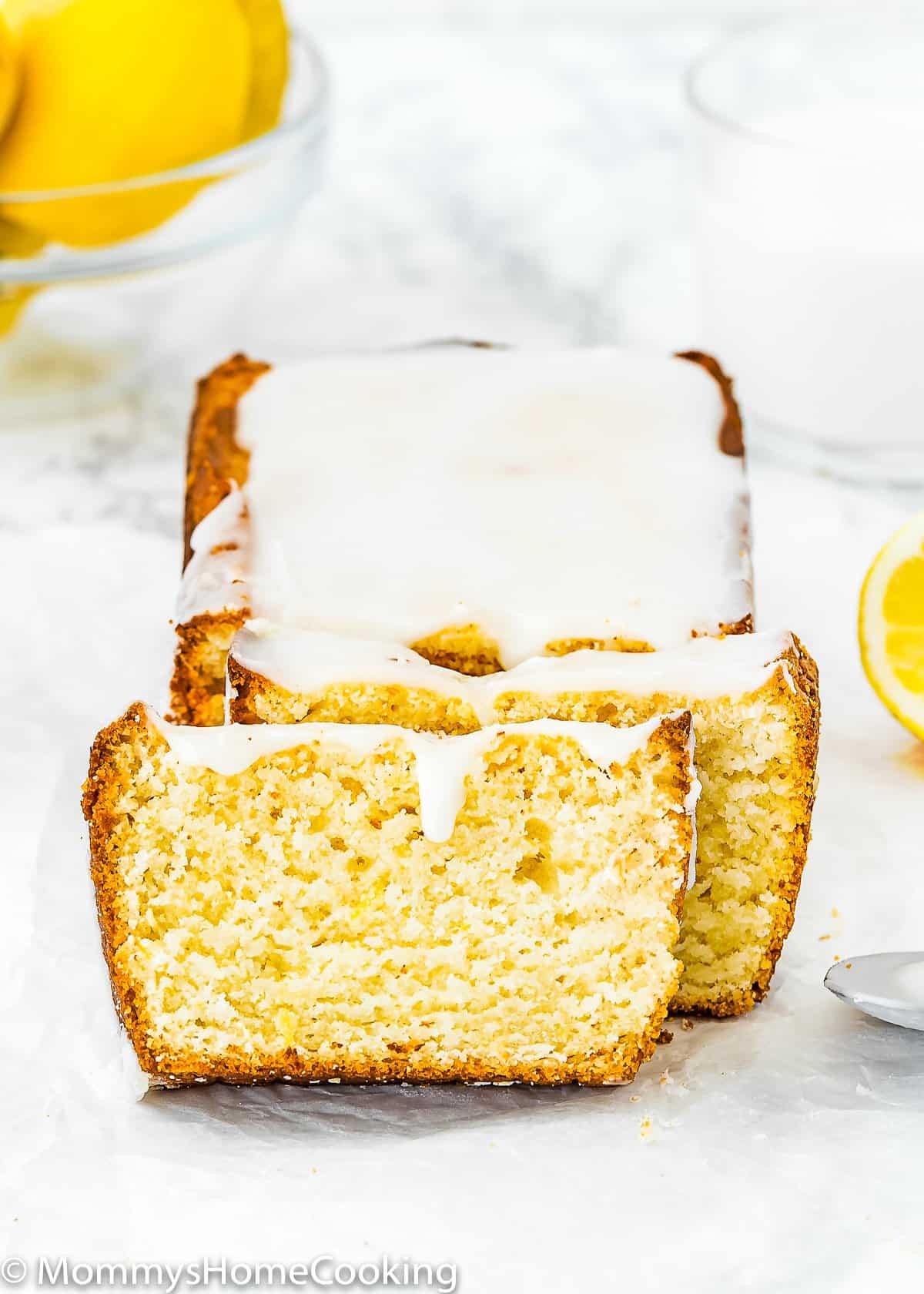 sliced Eggless Lemon Pound Cake with glaze