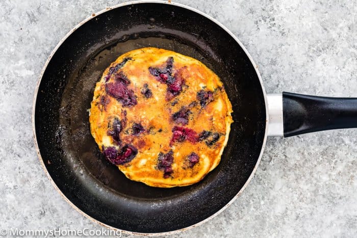 cooked Eggless Blueberry Pancake in a skillet