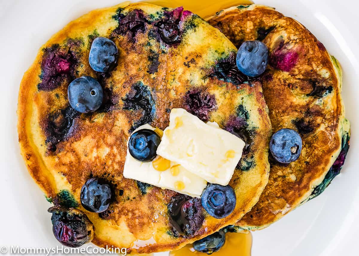 overhead view of Eggless Blueberry Pancakes.