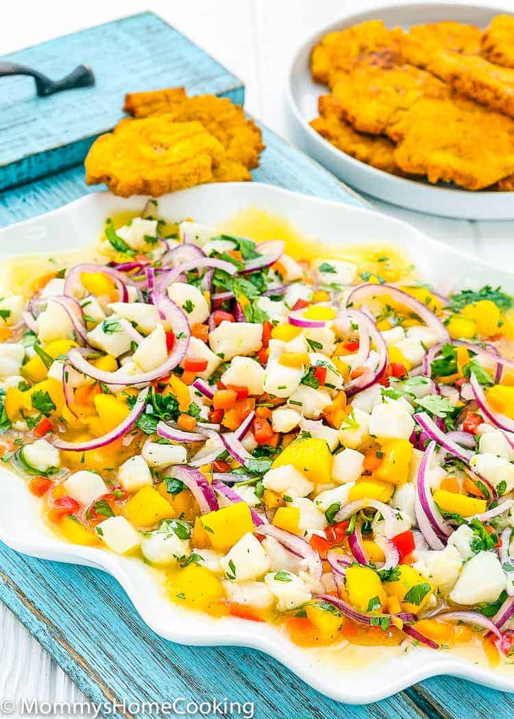 Fish and Mango Ceviche on a white plate