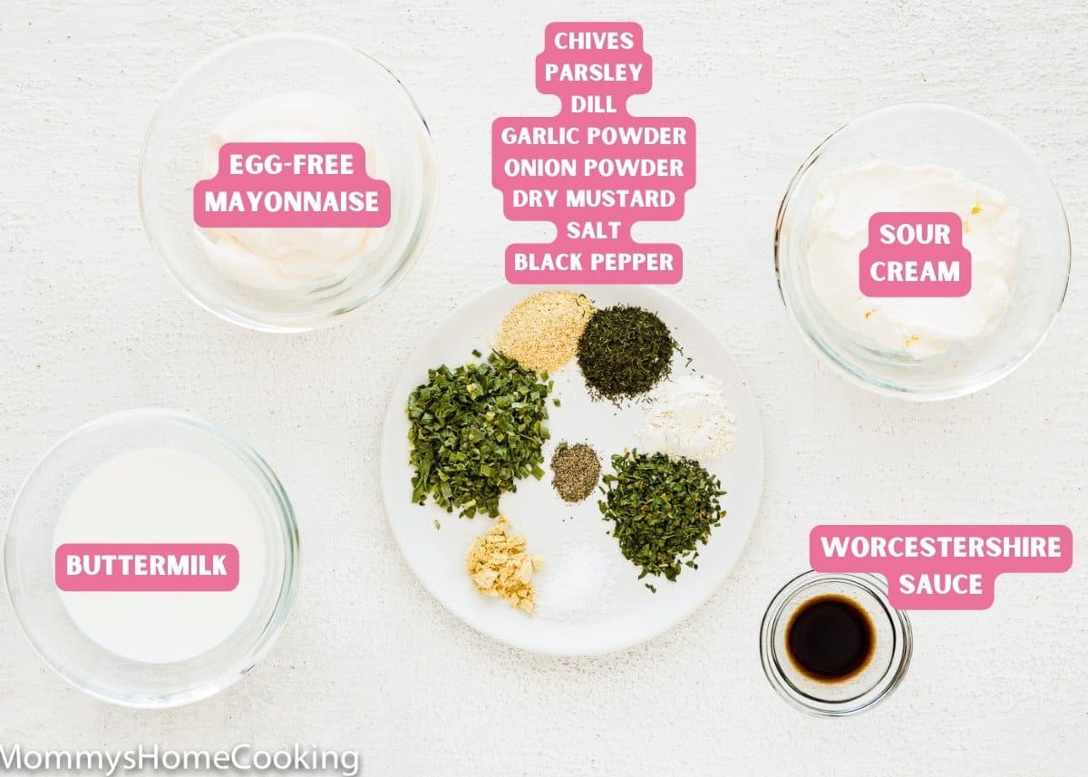 ingredients needed to make Easy Homemade Eggless Ranch Dressing with name tags.