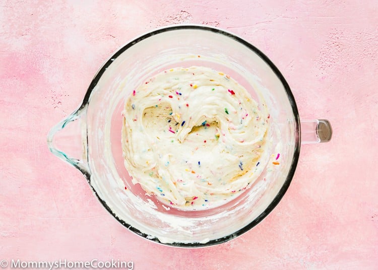 egg-free confetti cupcake batter in a stand mixer bowl. 