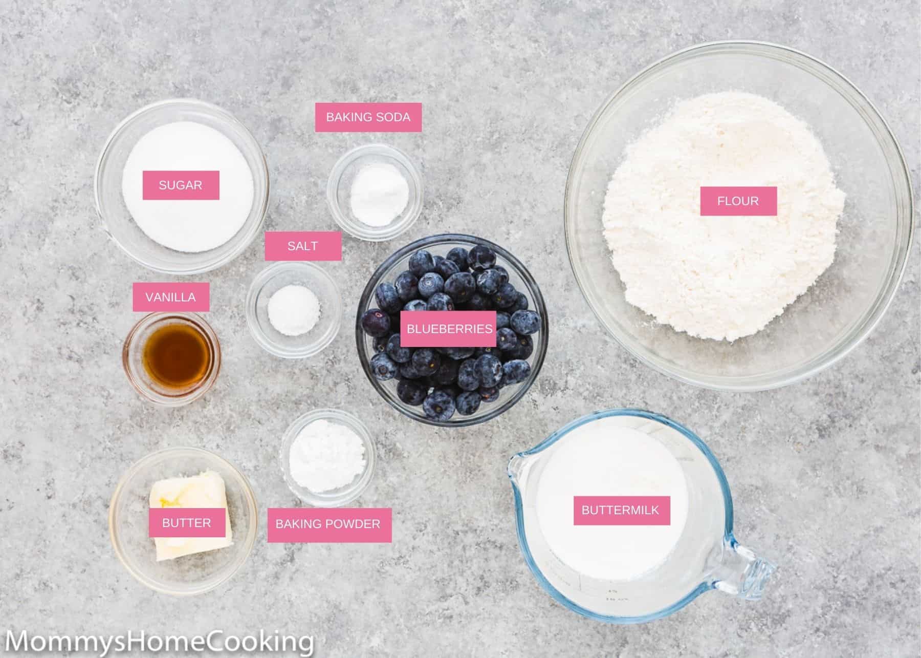 eggless blueberry pancakes ingredients with tags.