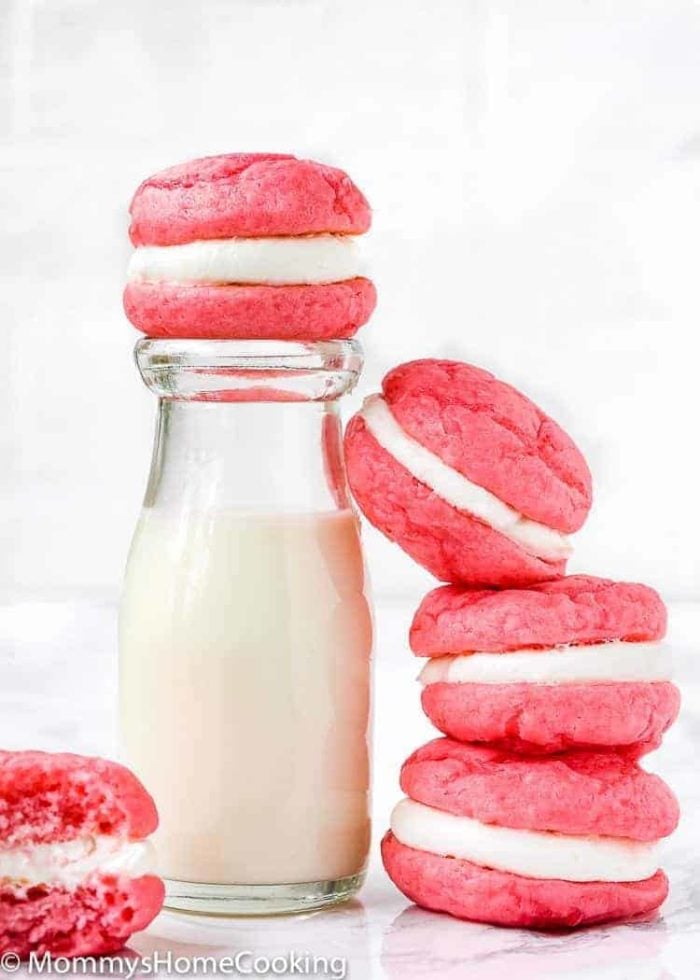 Eggless whoopie pies with a glass of milk