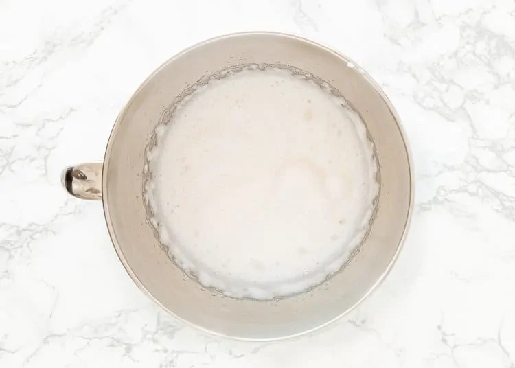 aquafaba whipped to soft peak in a bowl.
