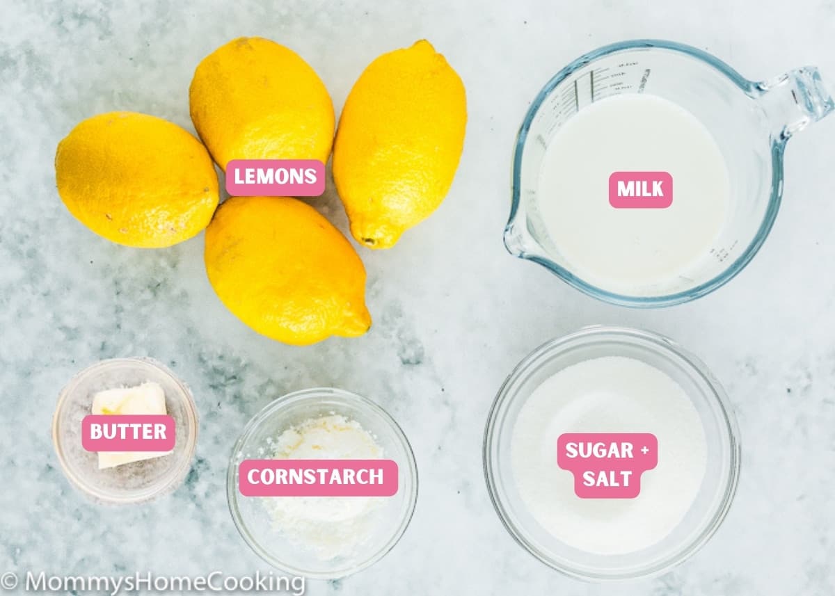 ingredients needed to make egg-free lemon curd with name tags.