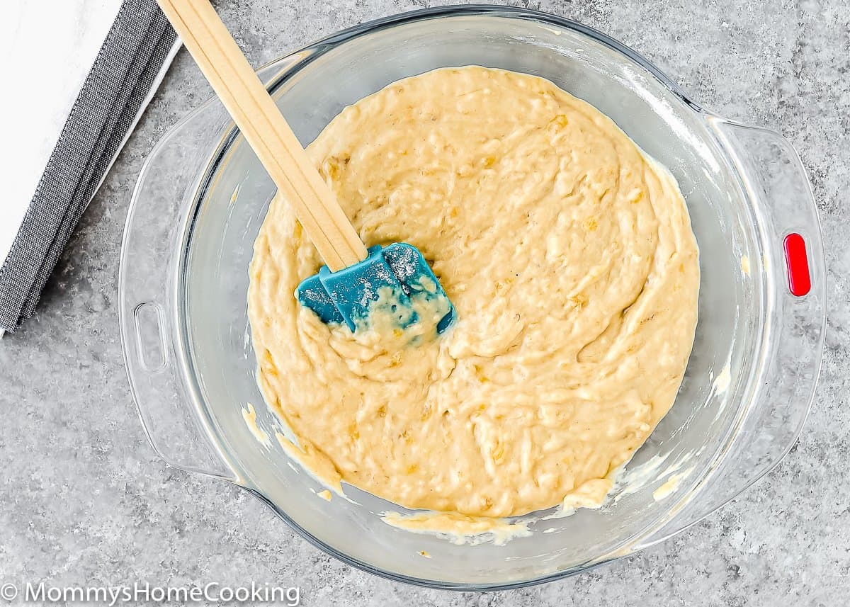 egg free banana bread batter in a bowl with a spatula