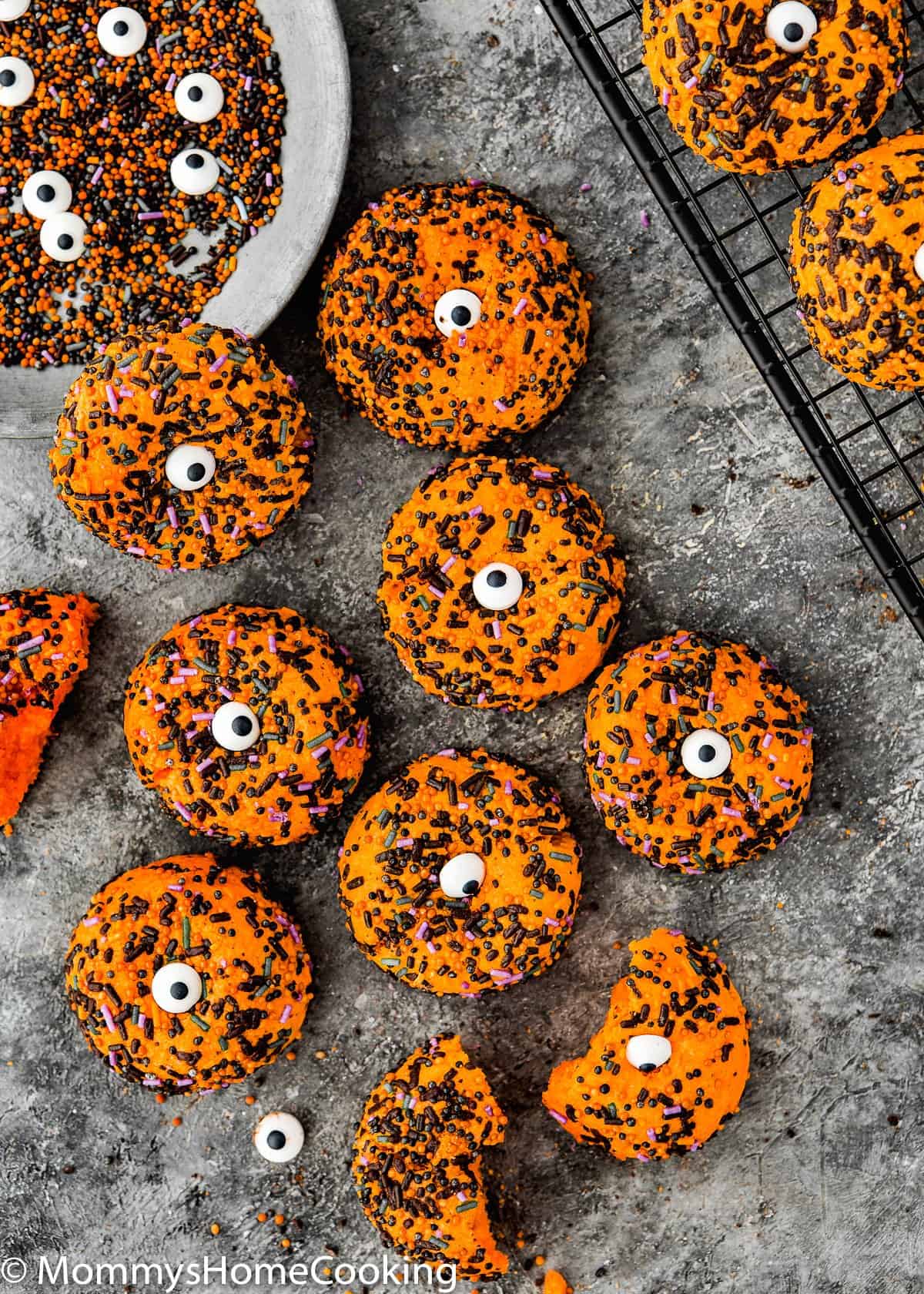 Easy Eggless Halloween Cookies over a gray surface.