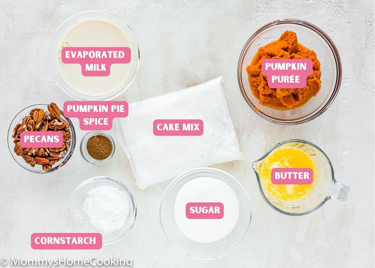 Ingredients needed to make Eggless Pumpkin Dump Cake with name tags.