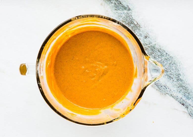 egg-free sweet potato pie filling in a stand mixer bowl.